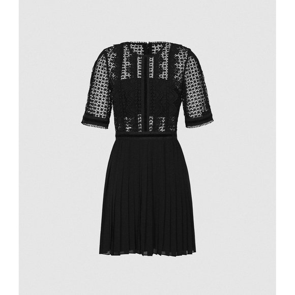 NWT Reiss Athena Lace Top Pleated Black Mini Dress, Size 6 - Picture 4 of 6
